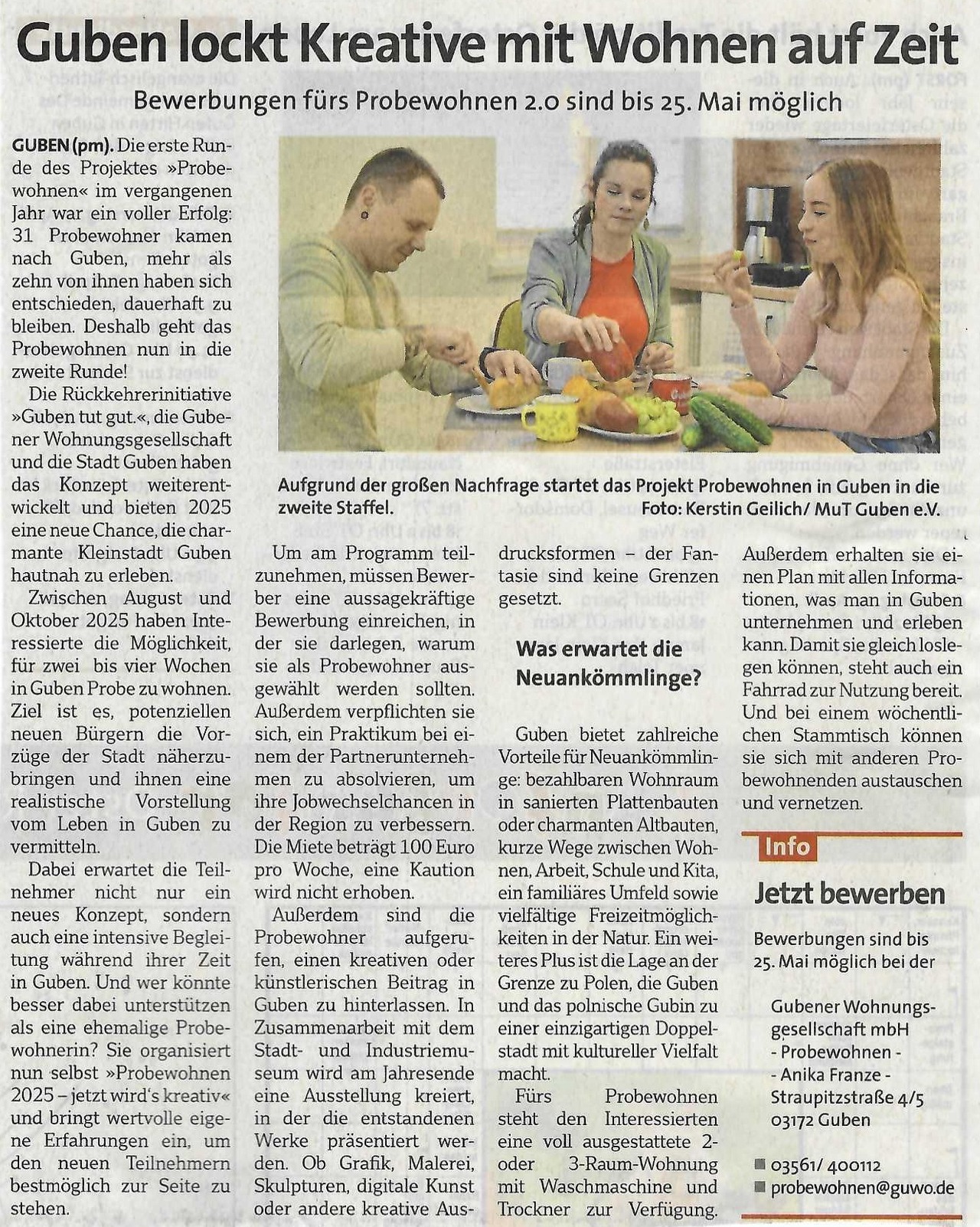 Artikel zum Probewohnen in Guben 2025 im Wochenkurier