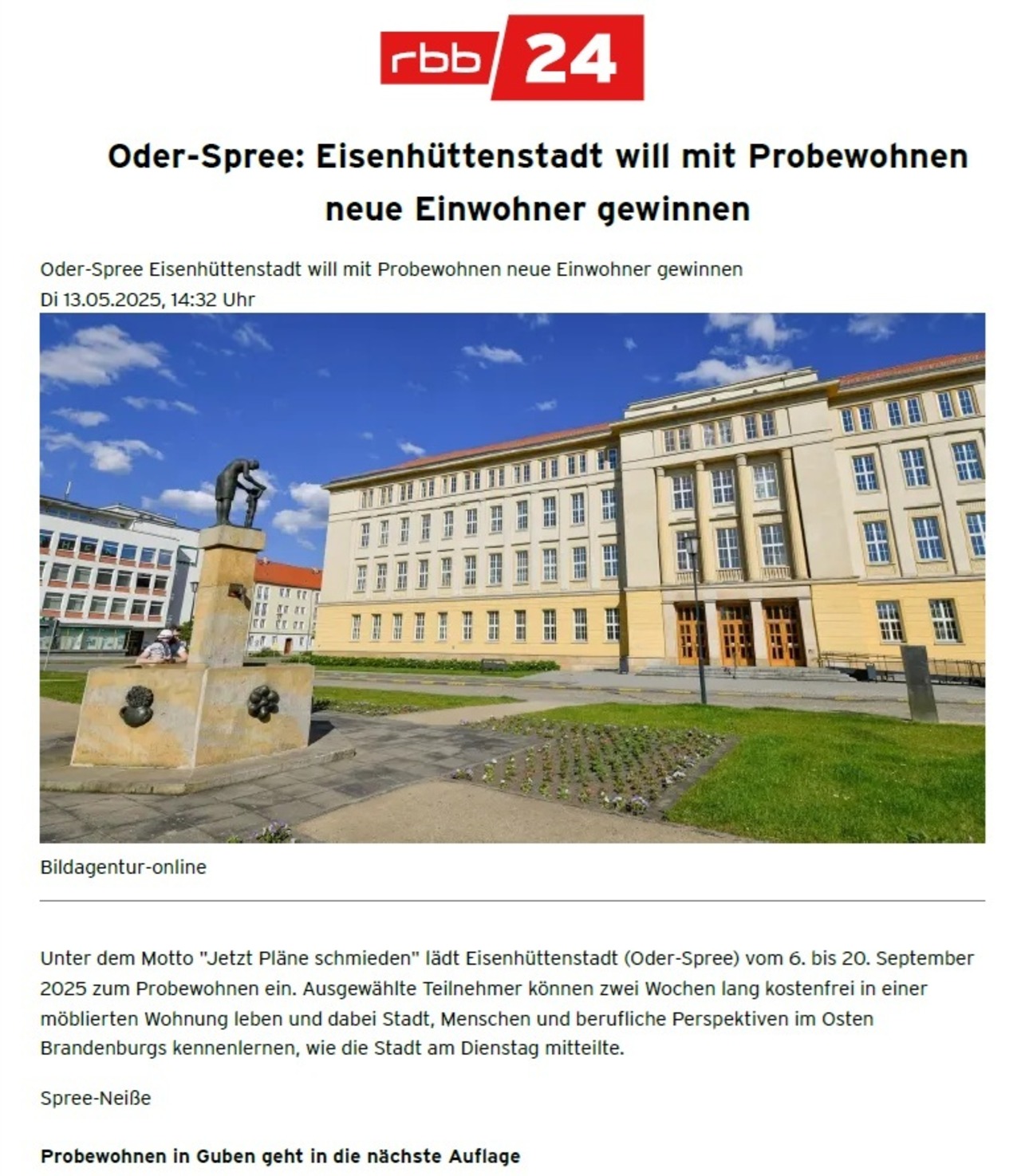 Artikel Probewohnen Guben 2025 bei rbb24