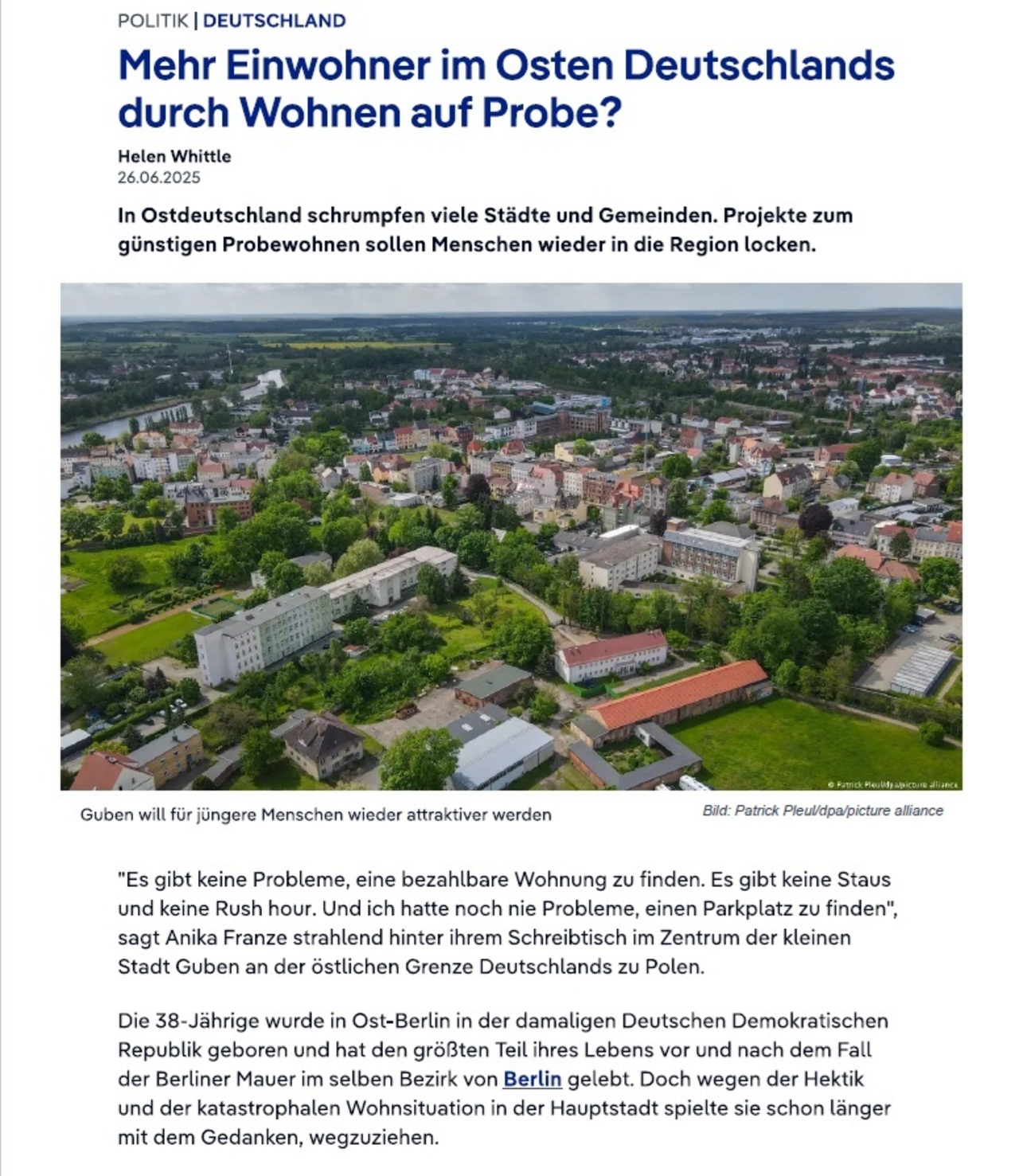 Artikel zum Probewohnen Guben bei der Deutschen Welle