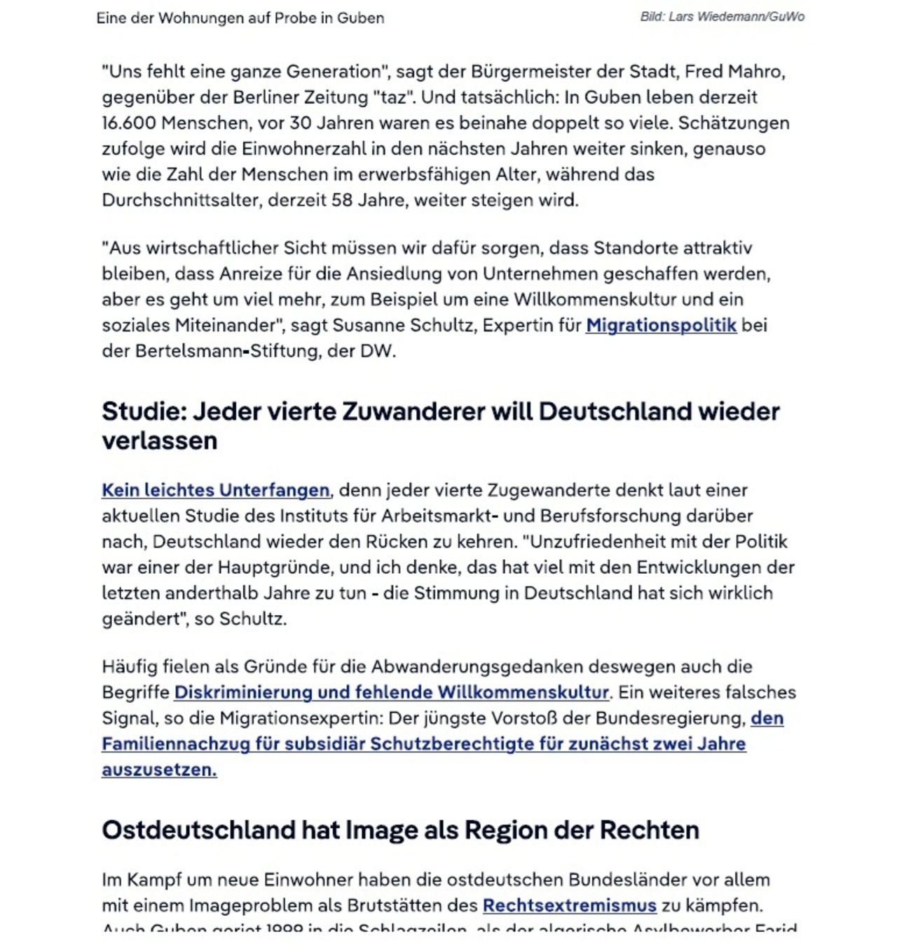 Artikel zum Probewohnen Guben bei der Deutschen Welle