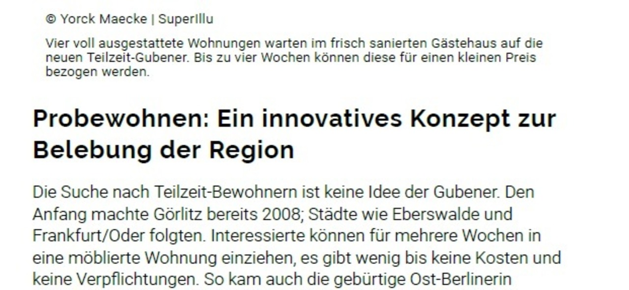 Arktikel Probewohnen Guben auf supperillu.de