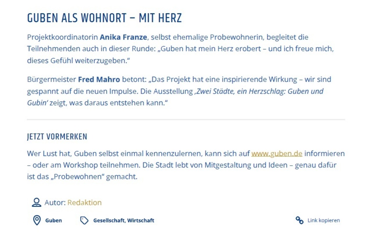 Artikel zum Probewohnen 2025 in Guben Radio Cottbus